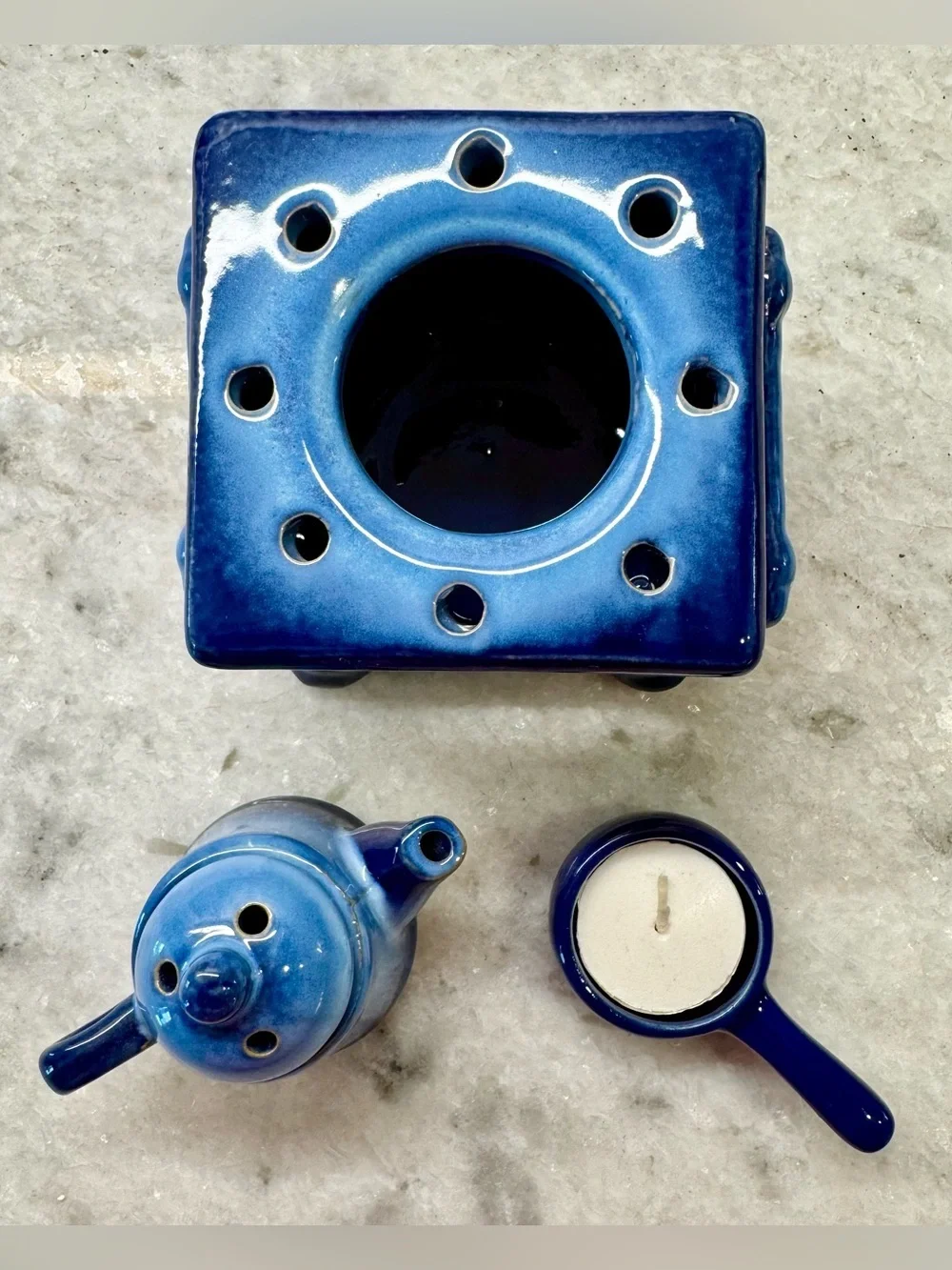 New Rustic Blue Ceramic Stove & Tea Pot Tea Light Candle Oil Warmer Diffuser 6”
